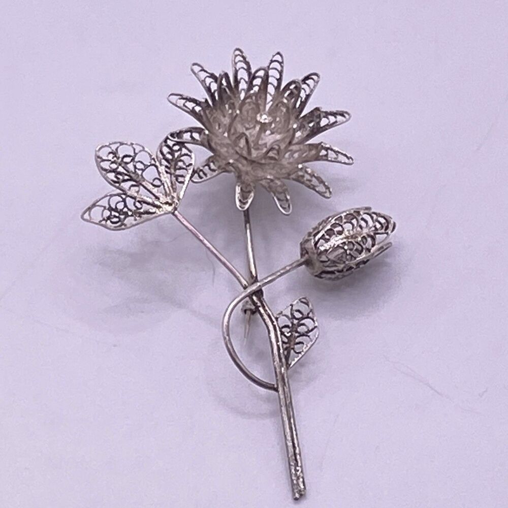 Vintag Sterling Silver Filigree Flower Brooch Unique  Handmade Delicate Wirework